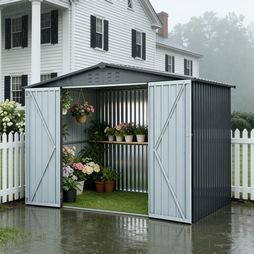 Heavy Equipment Yard - Metal Storage Shed with Double Doors,